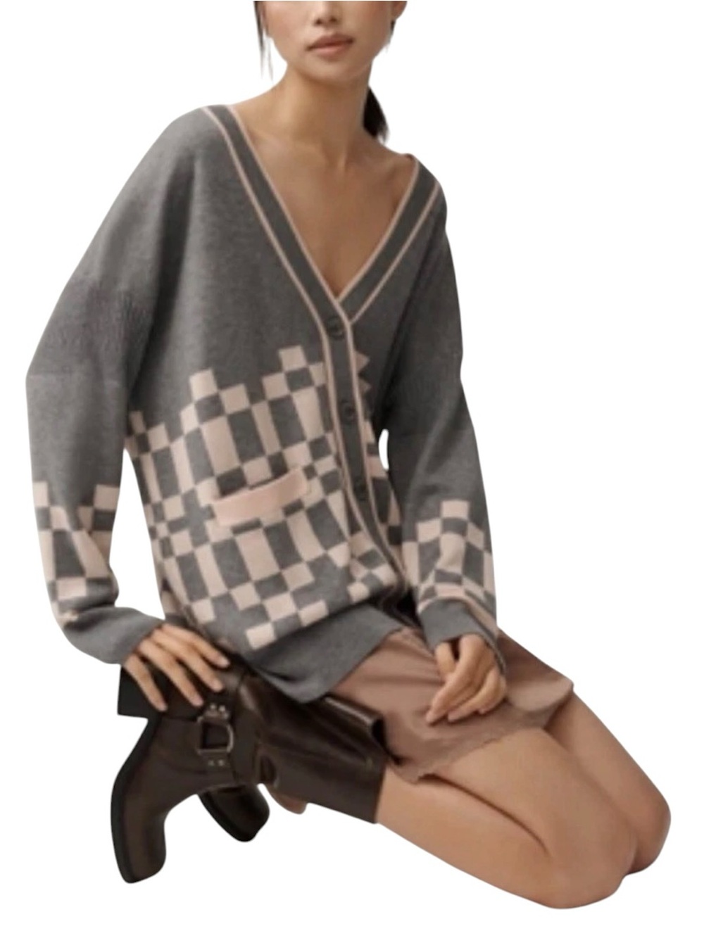 Anthropologie Maeve Open Front Long Sleeve Cardigan Sweater NWT XL Pink & Gray